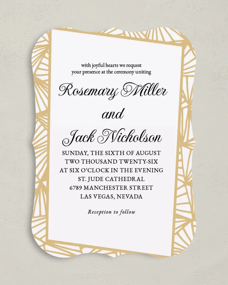 This is a 5" x 7" Bracket Wedding Invitation called Devoted Deco printed in full color with Silver foil on Luxe Satin (coated) paper