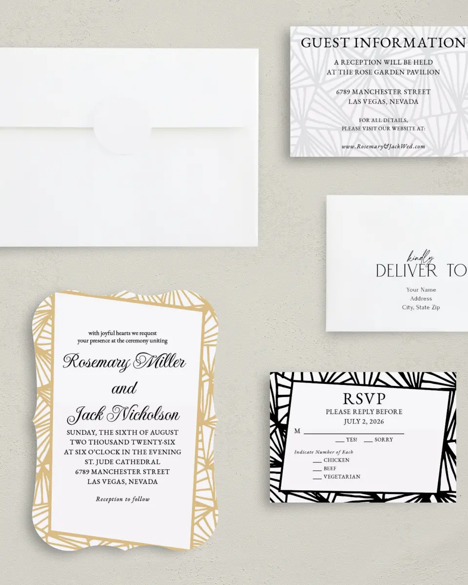 This is a 5" x 7" Bracket Wedding Invitation called Devoted Deco printed in full color with Silver foil on Luxe Satin (coated) paper