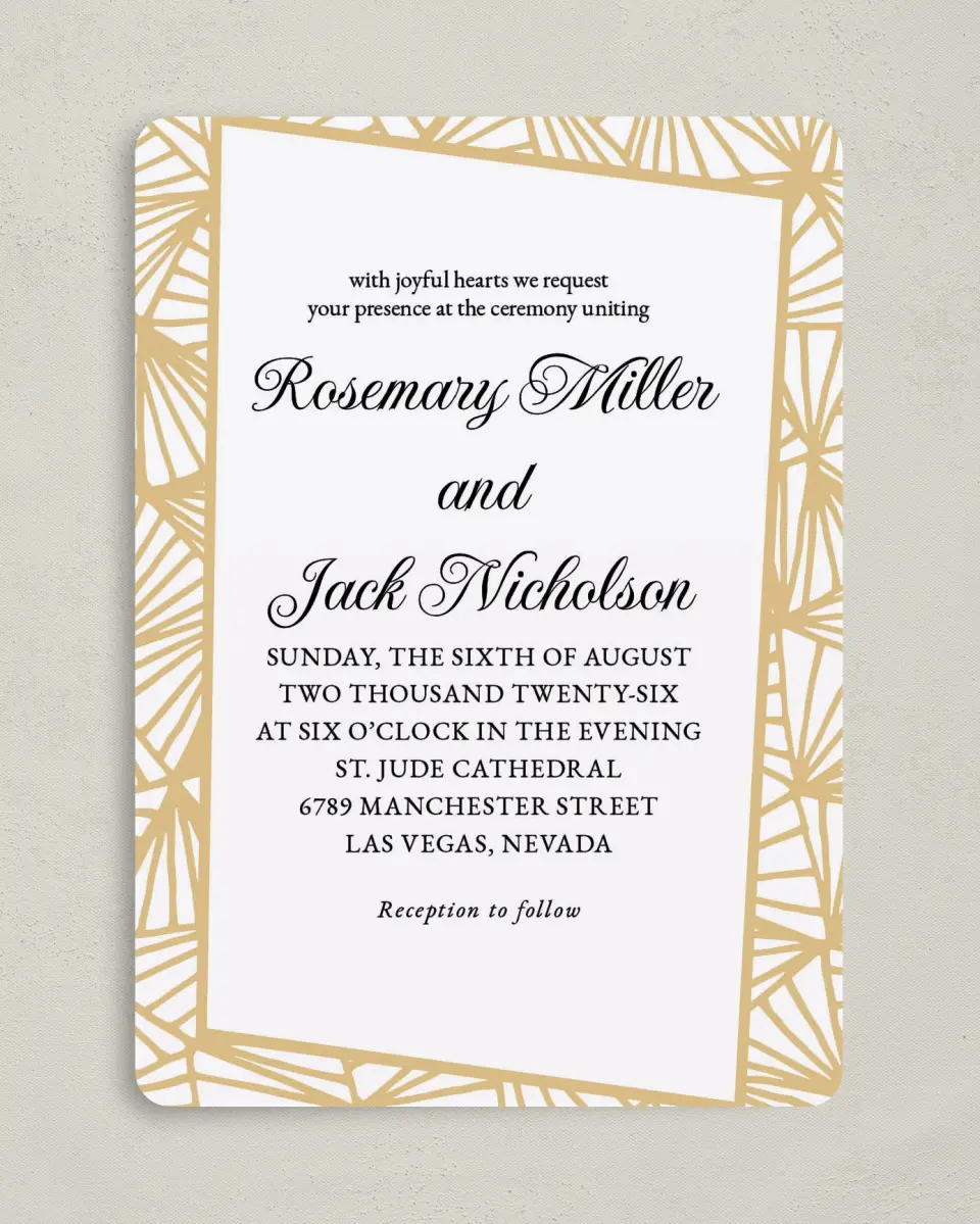 This is a 5" x 7" Rounded Wedding Invitation called Devoted Deco printed in full color on Premium Smooth paper
