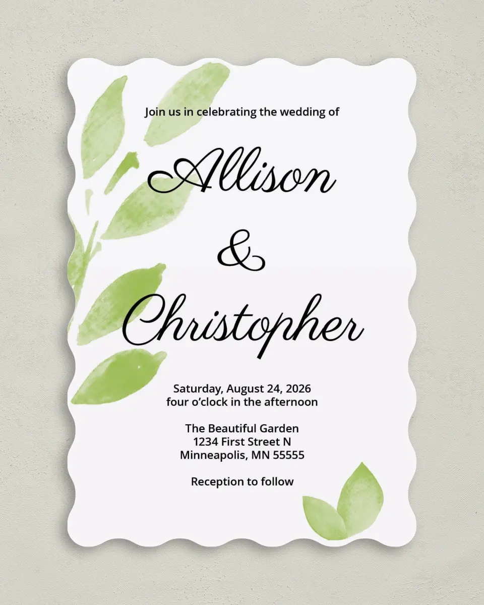 This is a 5" x 7" Wavy Wedding Invitation called Painted Leaves printed in full color on Premium Smooth paper