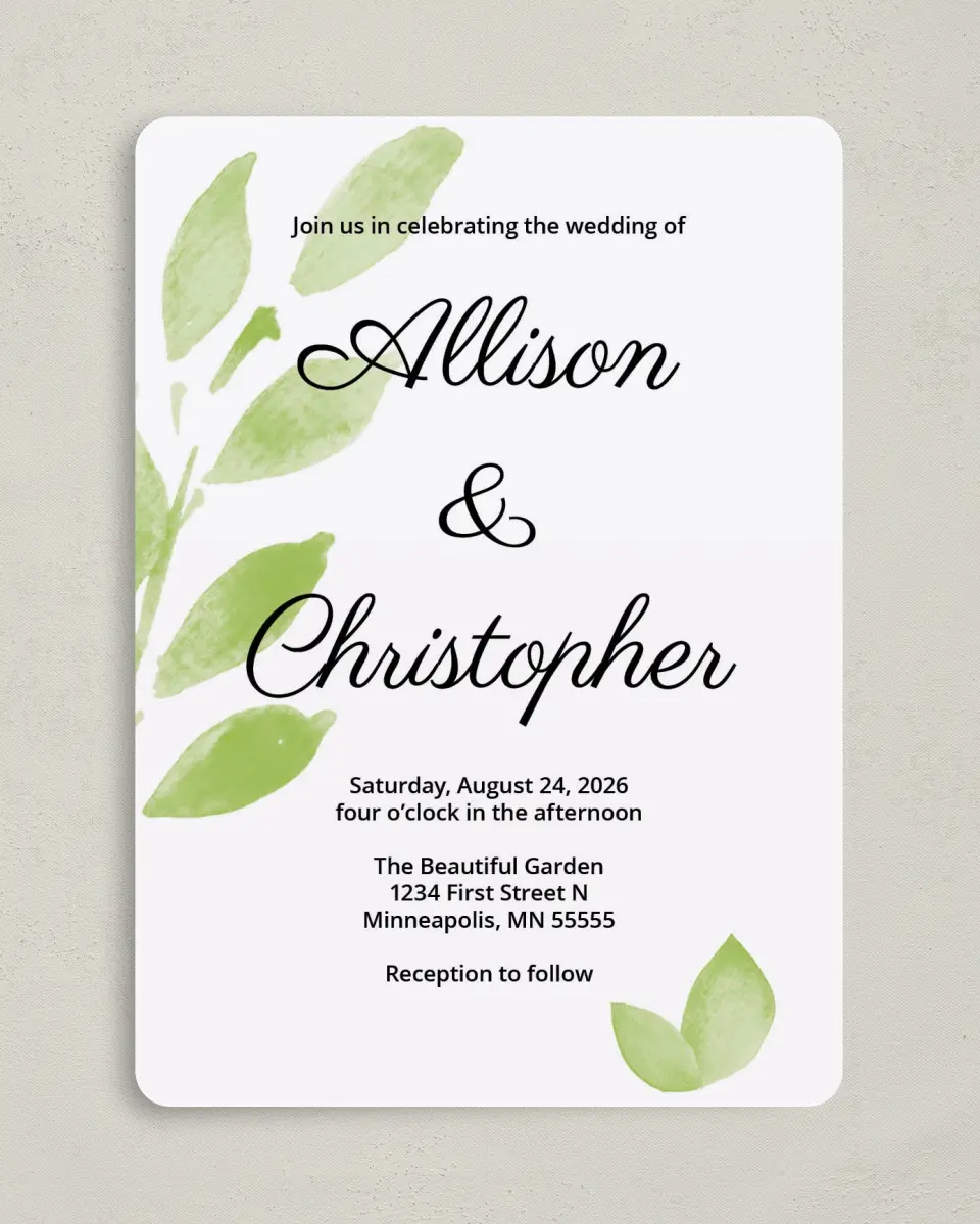 This is a 5" x 7" Rounded Wedding Invitation called Painted Leaves printed in full color on Premium Smooth paper