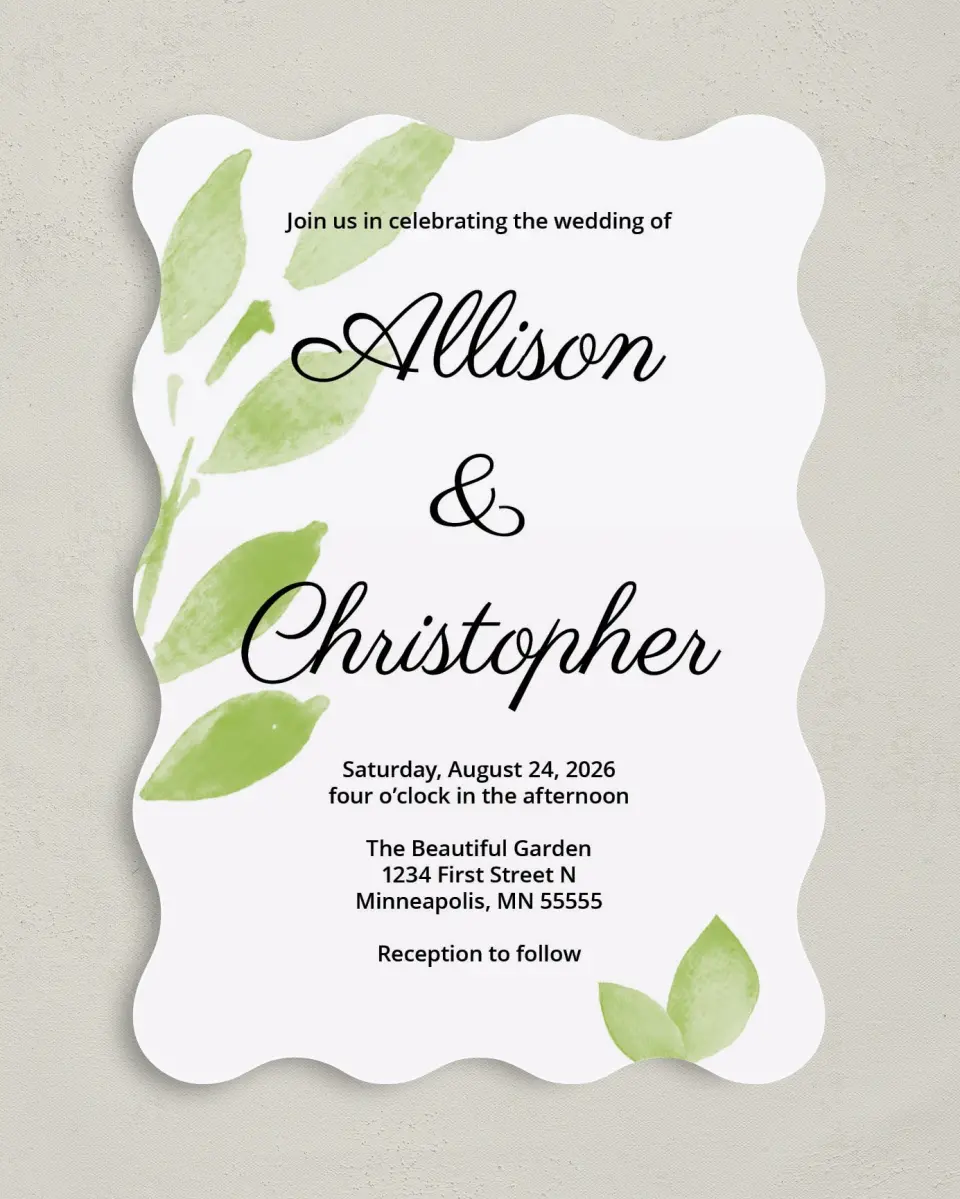 This is a 5" x 7" Wavy Wedding Invitation called Painted Leaves printed in full color on Premium Smooth paper