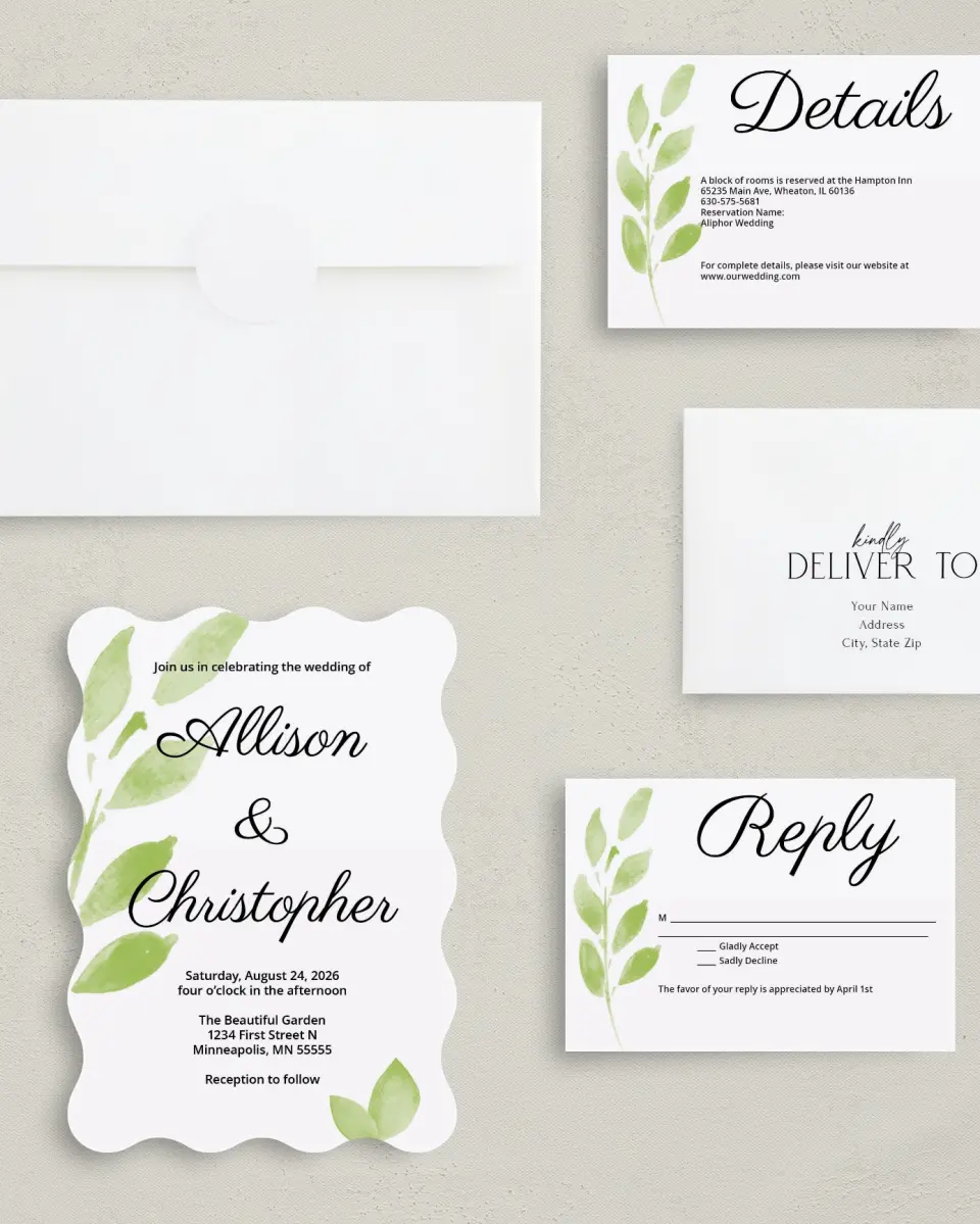 This is a 5" x 7" Wavy Wedding Invitation called Painted Leaves printed in full color with Gold foil on Luxe Satin (coated) paper