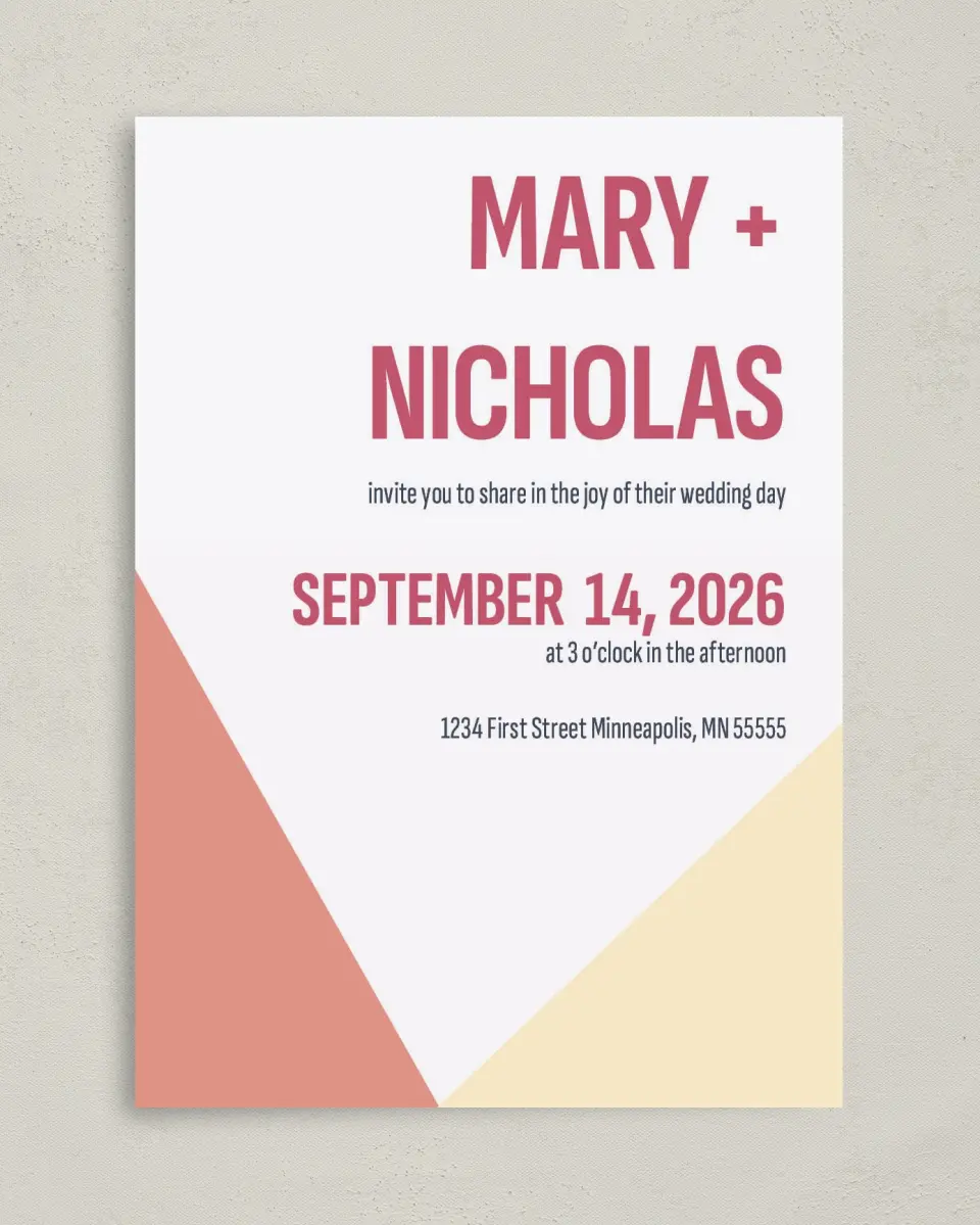 This is a 5" x 7" Classic Wedding Invitation called Modish Love printed in full color with Gold foil on Luxe Satin (coated) paper