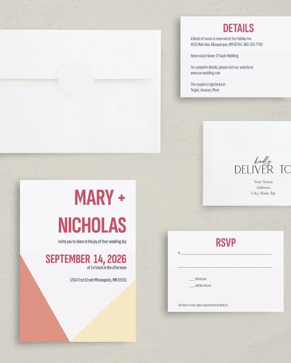 This is a 5" x 7" Classic Wedding Invitation called Modish Love printed in full color with Gold foil on Luxe Satin (coated) paper