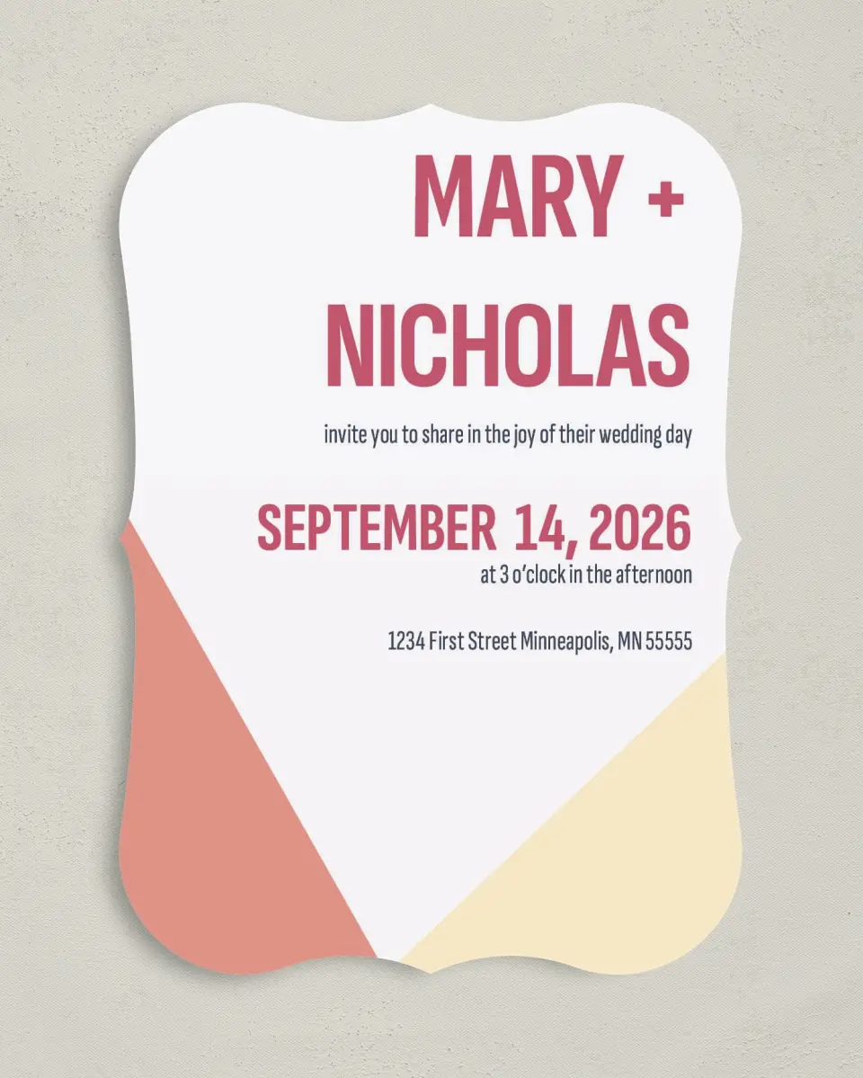 This is a 5" x 7" Bracket Wedding Invitation called Modish Love printed in full color with Silver foil on Luxe Satin (coated) paper