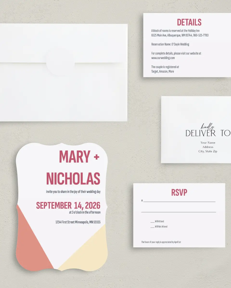 This is a 5" x 7" Bracket Wedding Invitation called Modish Love printed in full color with Silver foil on Luxe Satin (coated) paper