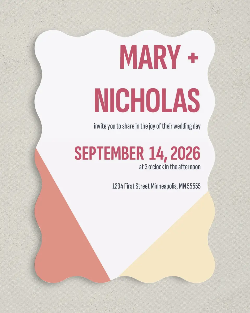 This is a 5" x 7" Wavy Wedding Invitation called Modish Love printed in full color on Premium Smooth paper