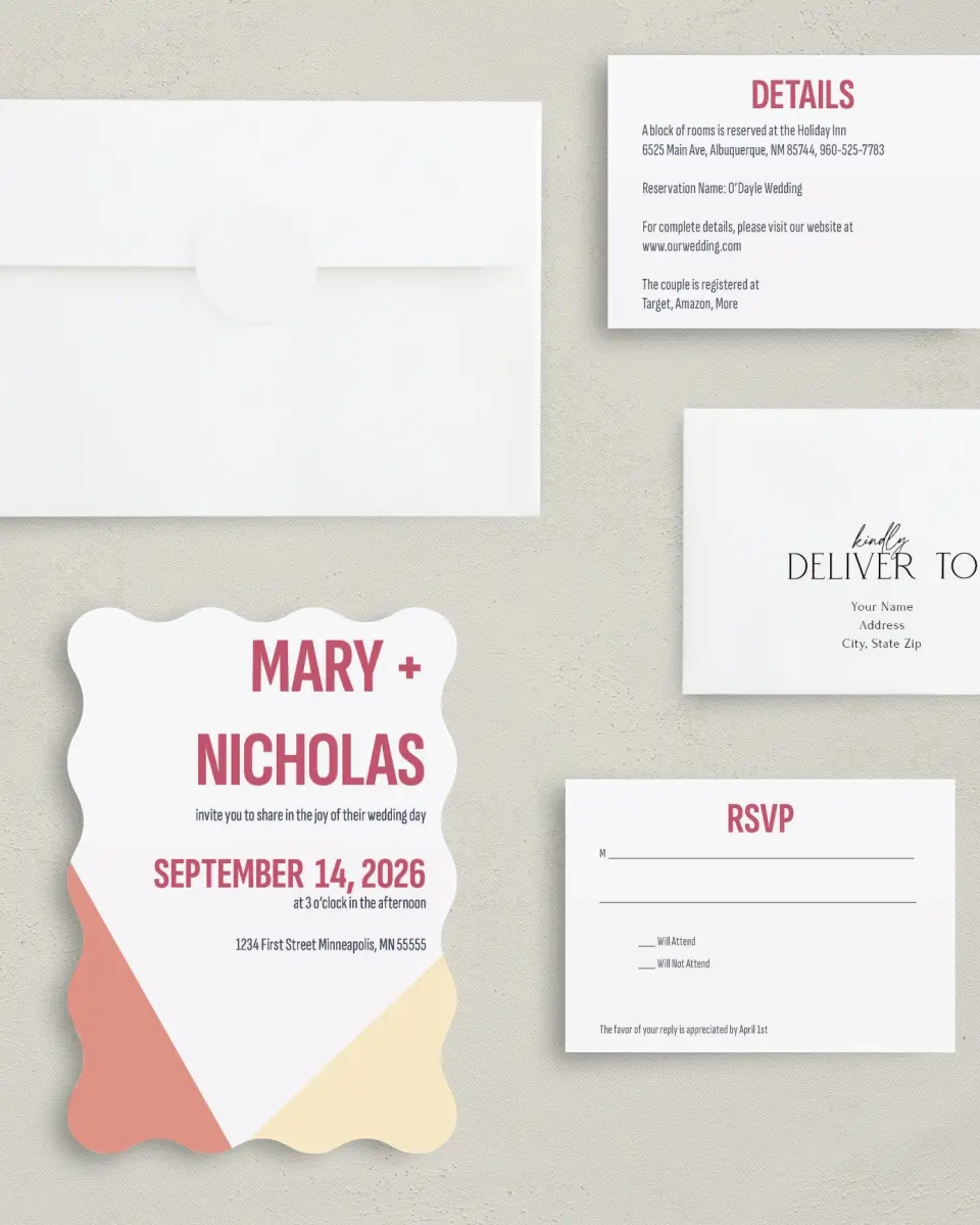 This is a 5" x 7" Wavy Wedding Invitation called Modish Love printed in full color with Gold foil on Luxe Satin (coated) paper