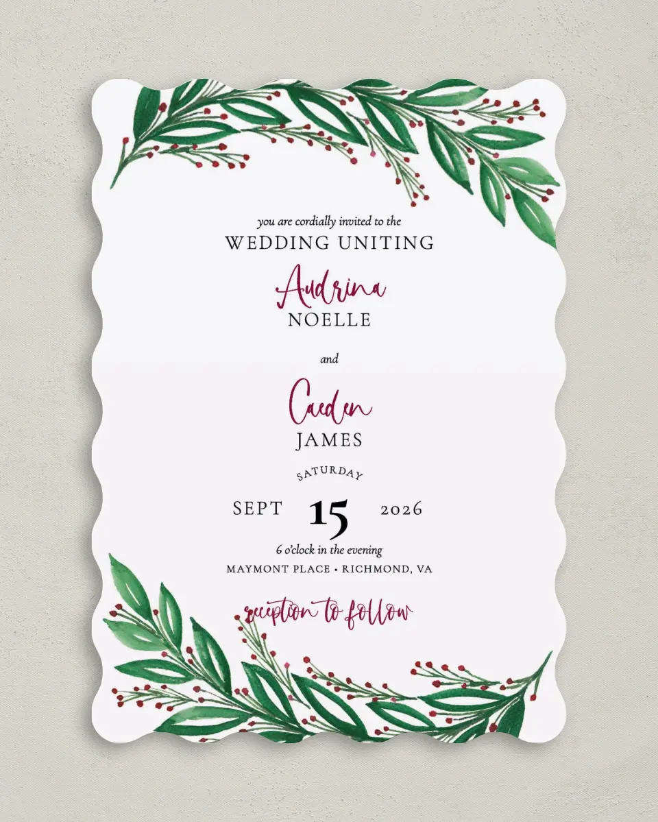 This is a 5" x 7" Wavy Wedding Invitation called Splendid Garland printed in full color on Premium Smooth paper