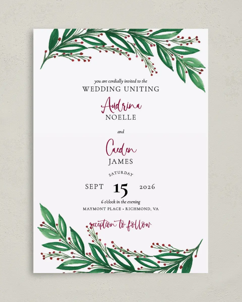 This is a 5" x 7" Classic Wedding Invitation called Splendid Garland printed in full color on Premium Smooth paper