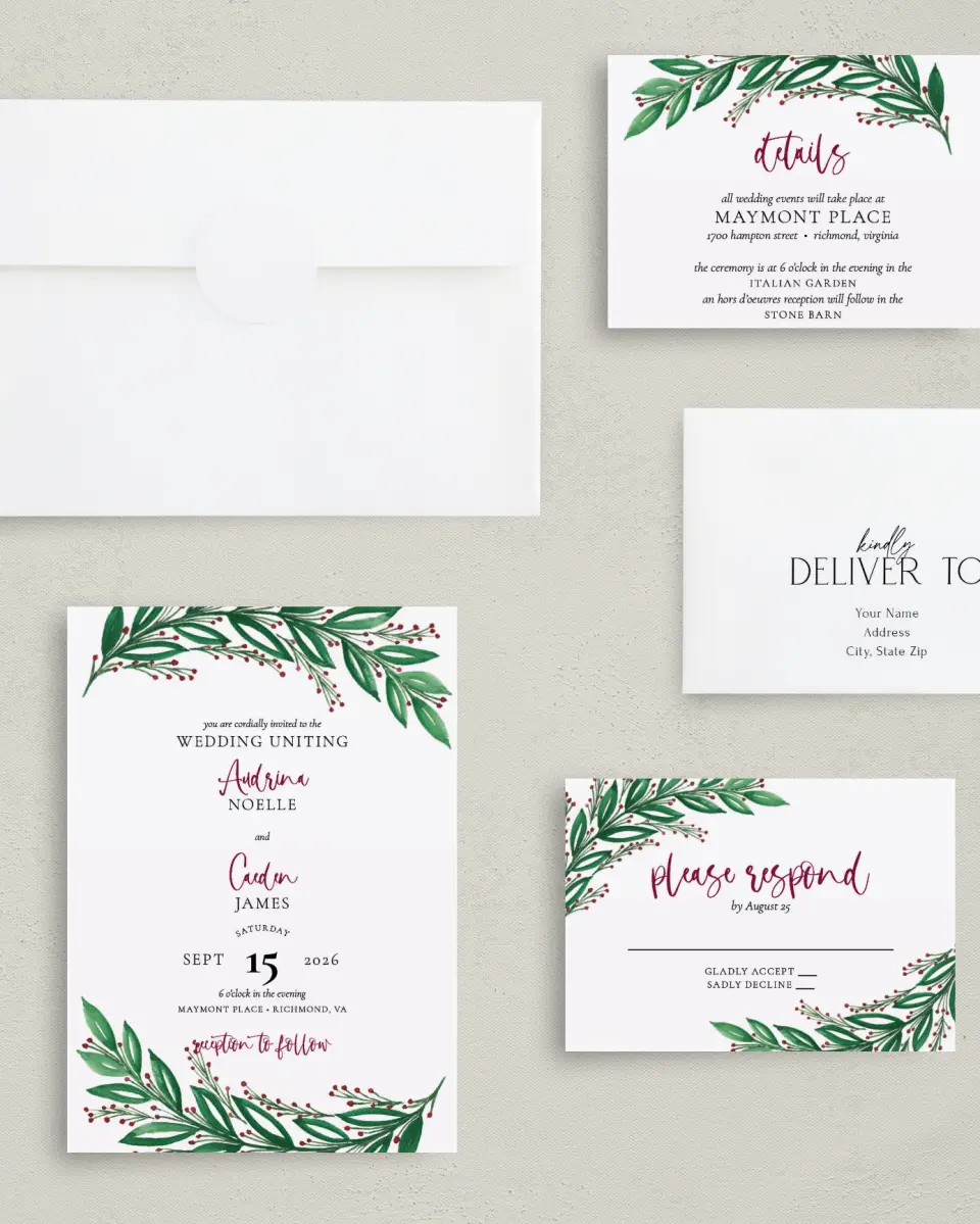 This is a 5" x 7" Classic Wedding Invitation called Splendid Garland printed in full color with Gold foil on Luxe Satin (coated) paper