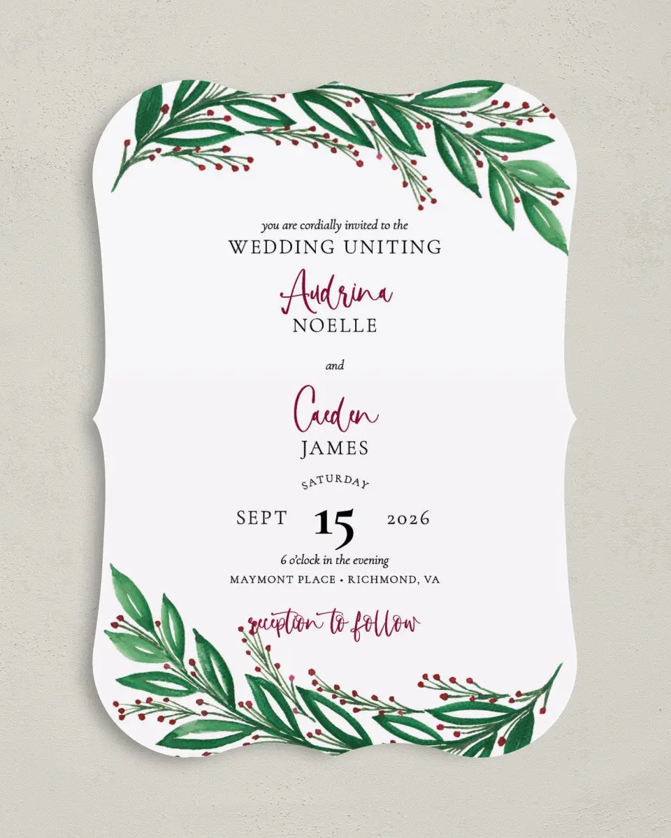 This is a 5" x 7" Bracket Wedding Invitation called Splendid Garland printed in full color with Silver foil on Luxe Satin (coated) paper