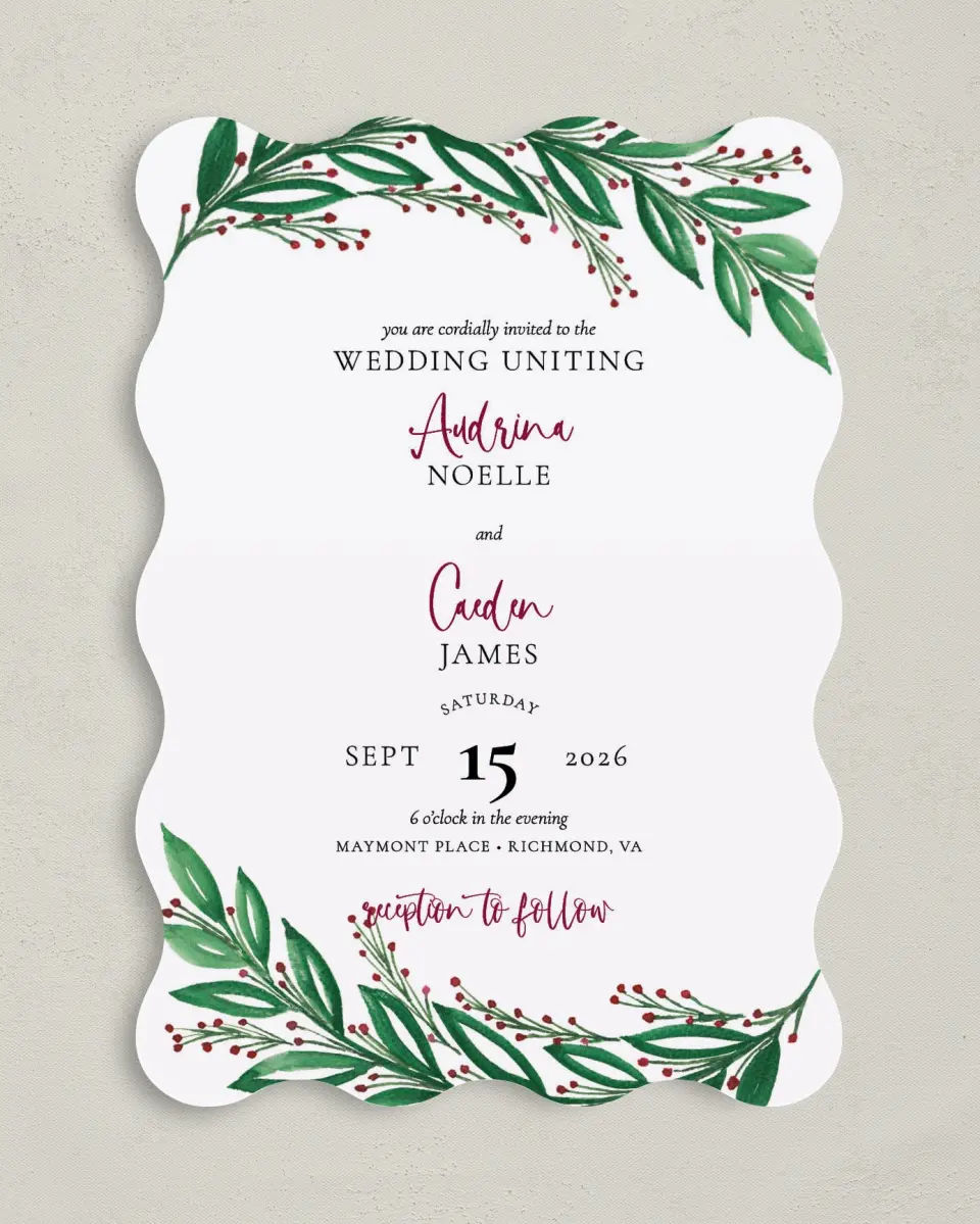 This is a 5" x 7" Wavy Wedding Invitation called Splendid Garland printed in full color on Premium Smooth paper