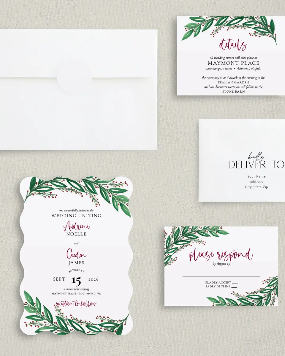 This is a 5" x 7" Wavy Wedding Invitation called Splendid Garland printed in full color with Gold foil on Luxe Satin (coated) paper