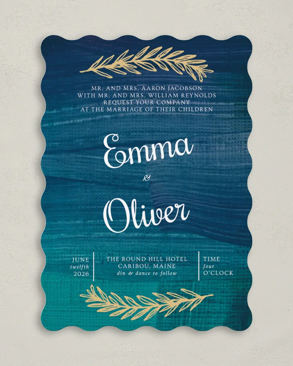 This is a 5" x 7" Wavy Wedding Invitation called Shining Vines printed in full color on Premium Smooth paper
