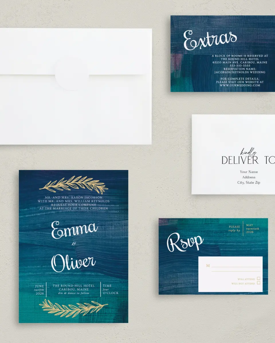 This is a 5" x 7" Classic Wedding Invitation called Shining Vines printed in full color with Gold foil on Luxe Satin (coated) paper