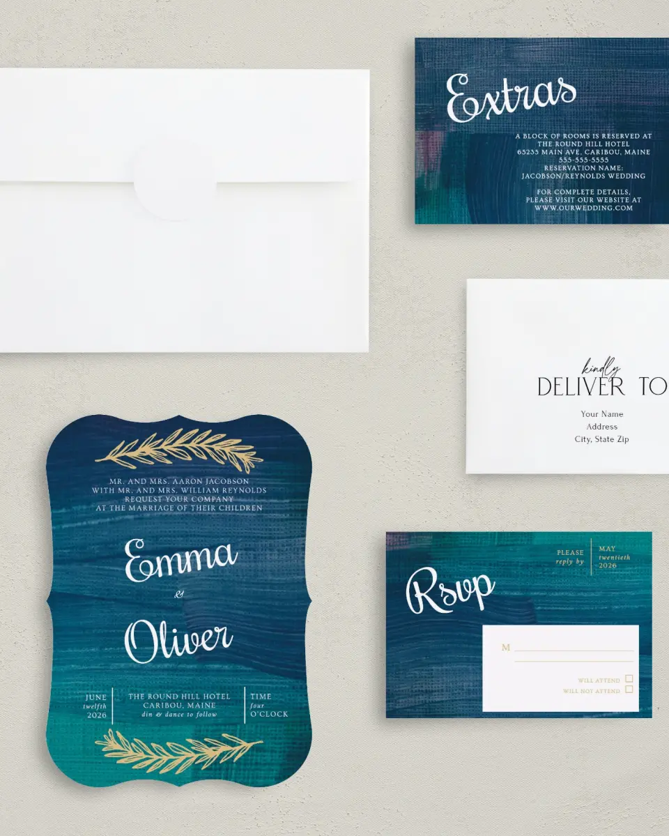 This is a 5" x 7" Bracket Wedding Invitation called Shining Vines printed in full color with Silver foil on Luxe Satin (coated) paper