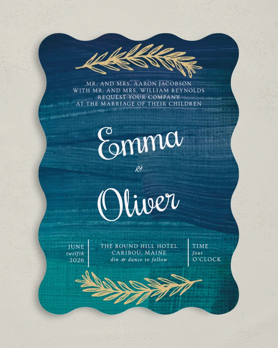 This is a 5" x 7" Wavy Wedding Invitation called Shining Vines printed in full color on Premium Smooth paper