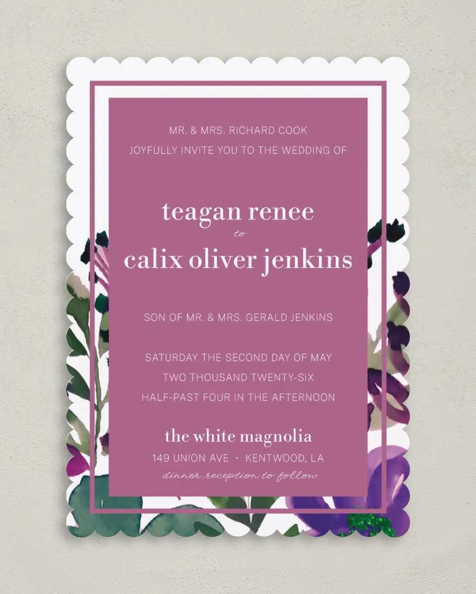 This is a 5" x 7" Classic Wedding Invitation called Garden Surprise printed in full color with Gold foil on Luxe Satin (coated) paper