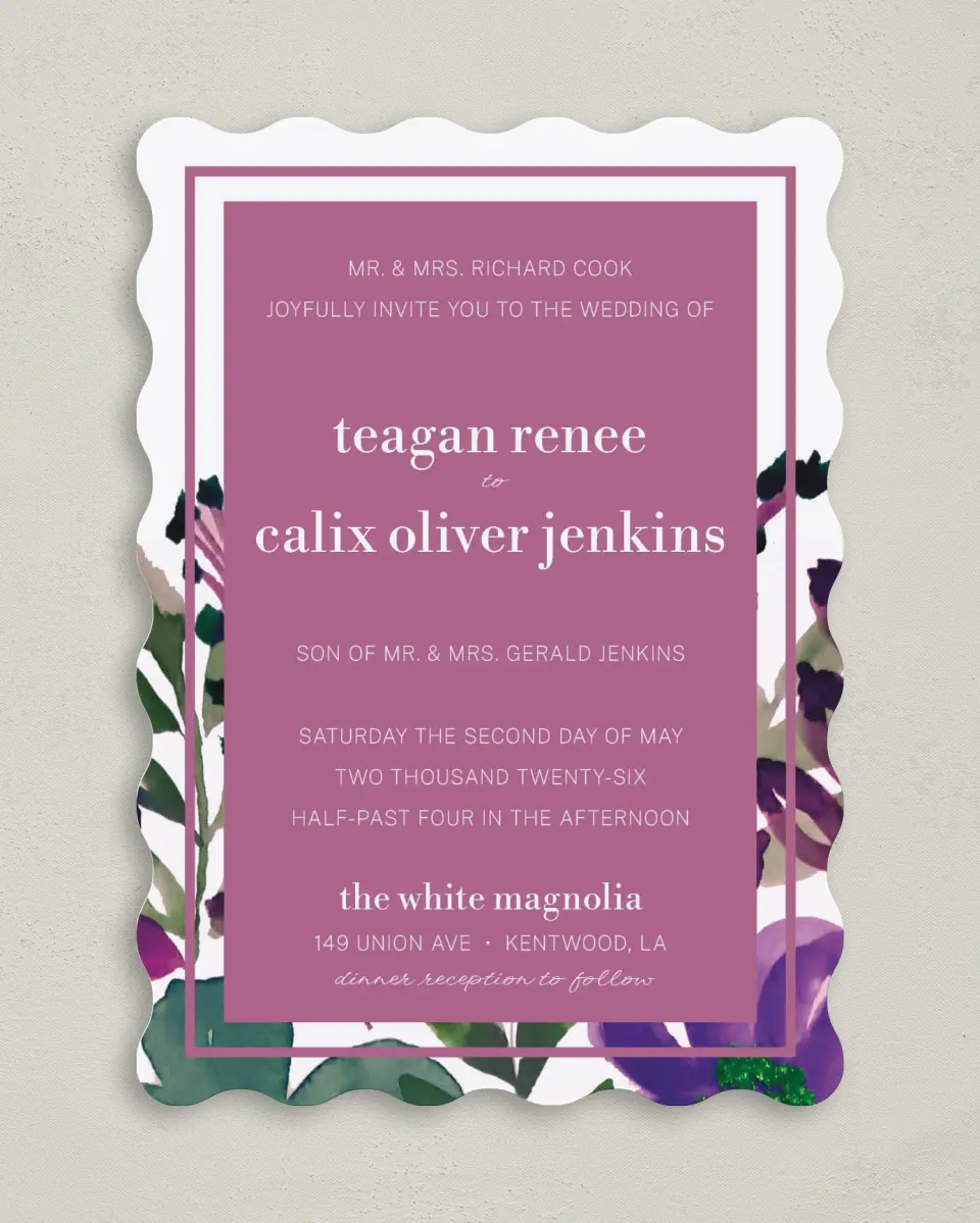 This is a 5" x 7" Wavy Wedding Invitation called Garden Surprise printed in full color on Premium Smooth paper