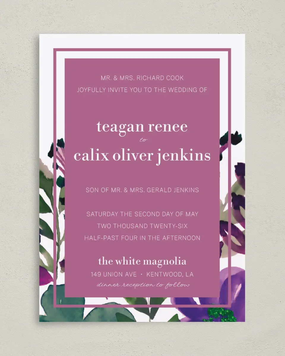 This is a 5" x 7" Classic Wedding Invitation called Garden Surprise printed in full color on Premium Smooth paper