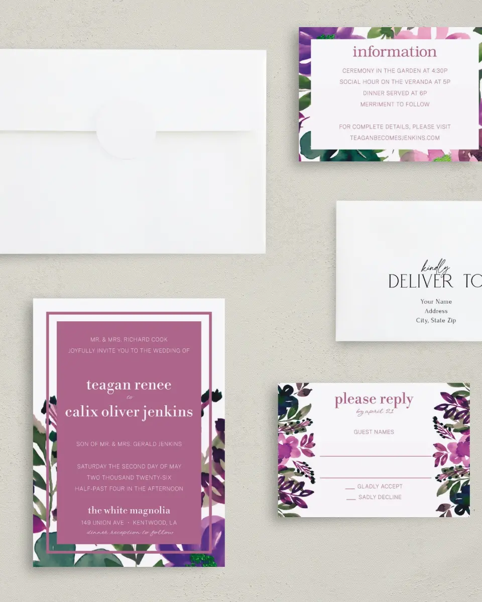 This is a 5" x 7" Classic Wedding Invitation called Garden Surprise printed in full color with Gold foil on Luxe Satin (coated) paper