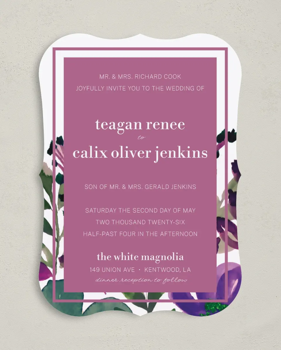 This is a 5" x 7" Bracket Wedding Invitation called Garden Surprise printed in full color with Silver foil on Luxe Satin (coated) paper