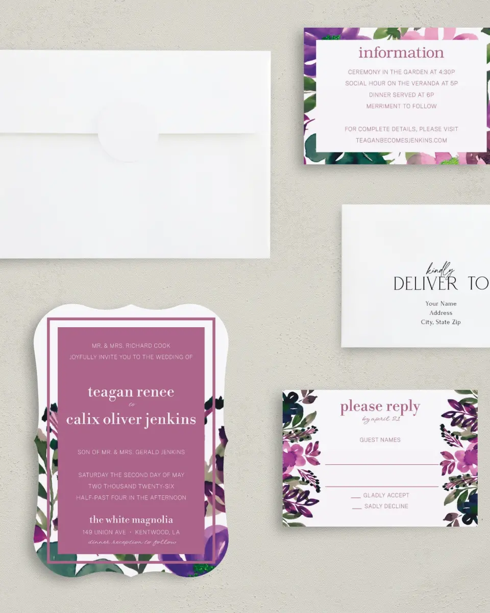 This is a 5" x 7" Bracket Wedding Invitation called Garden Surprise printed in full color with Silver foil on Luxe Satin (coated) paper
