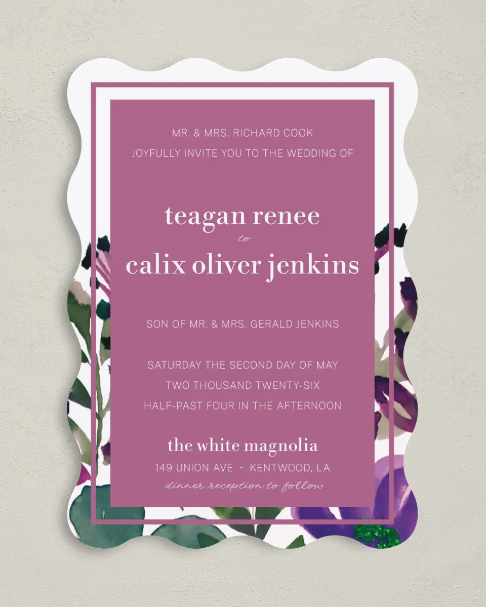 This is a 5" x 7" Wavy Wedding Invitation called Garden Surprise printed in full color on Premium Smooth paper