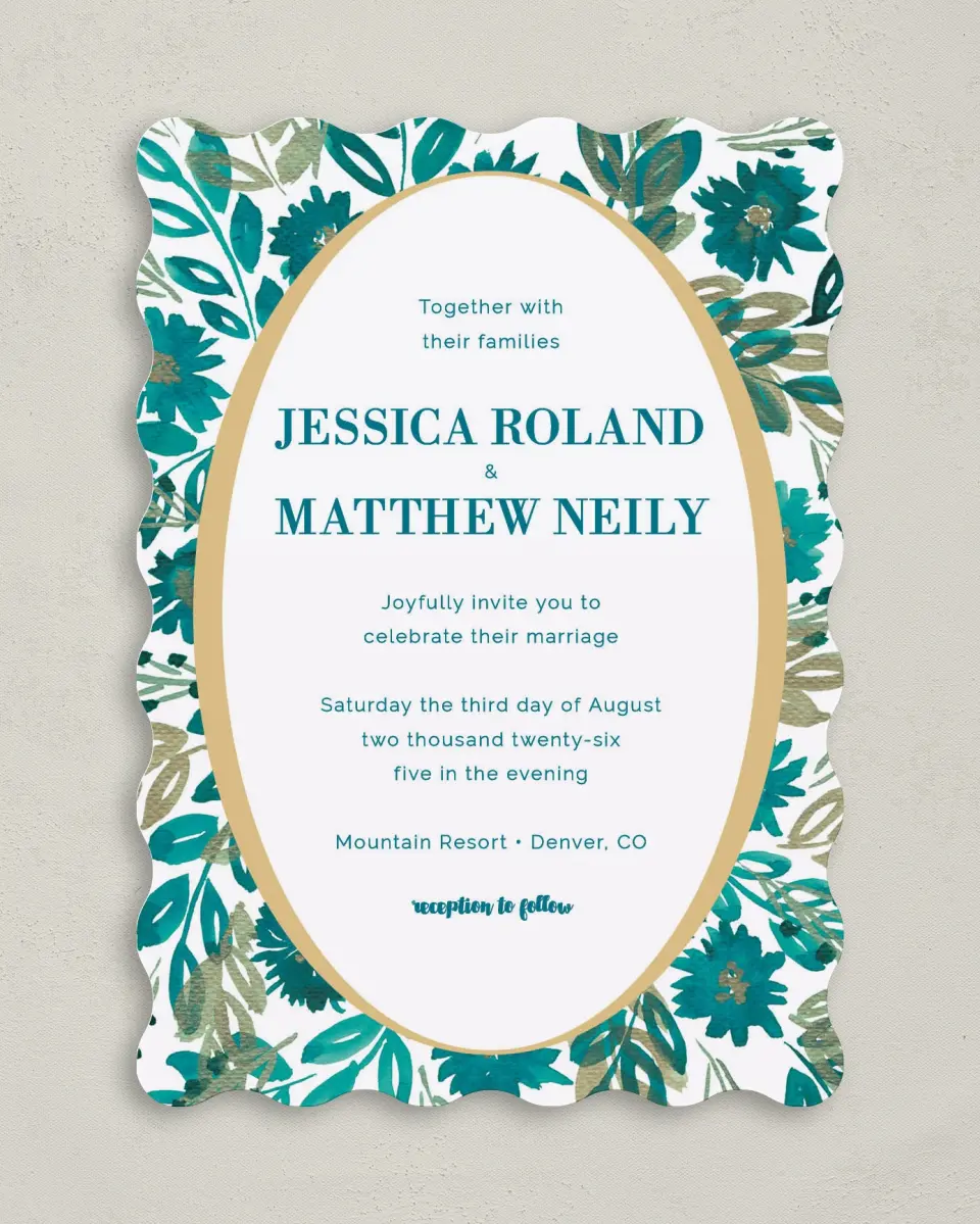 This is a 5" x 7" Wavy Wedding Invitation called Boho Floral printed in full color on Premium Smooth paper