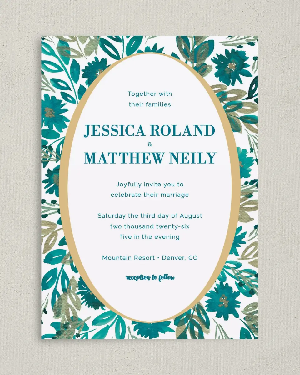 This is a 5" x 7" Classic Wedding Invitation called Boho Floral printed in full color on Premium Smooth paper