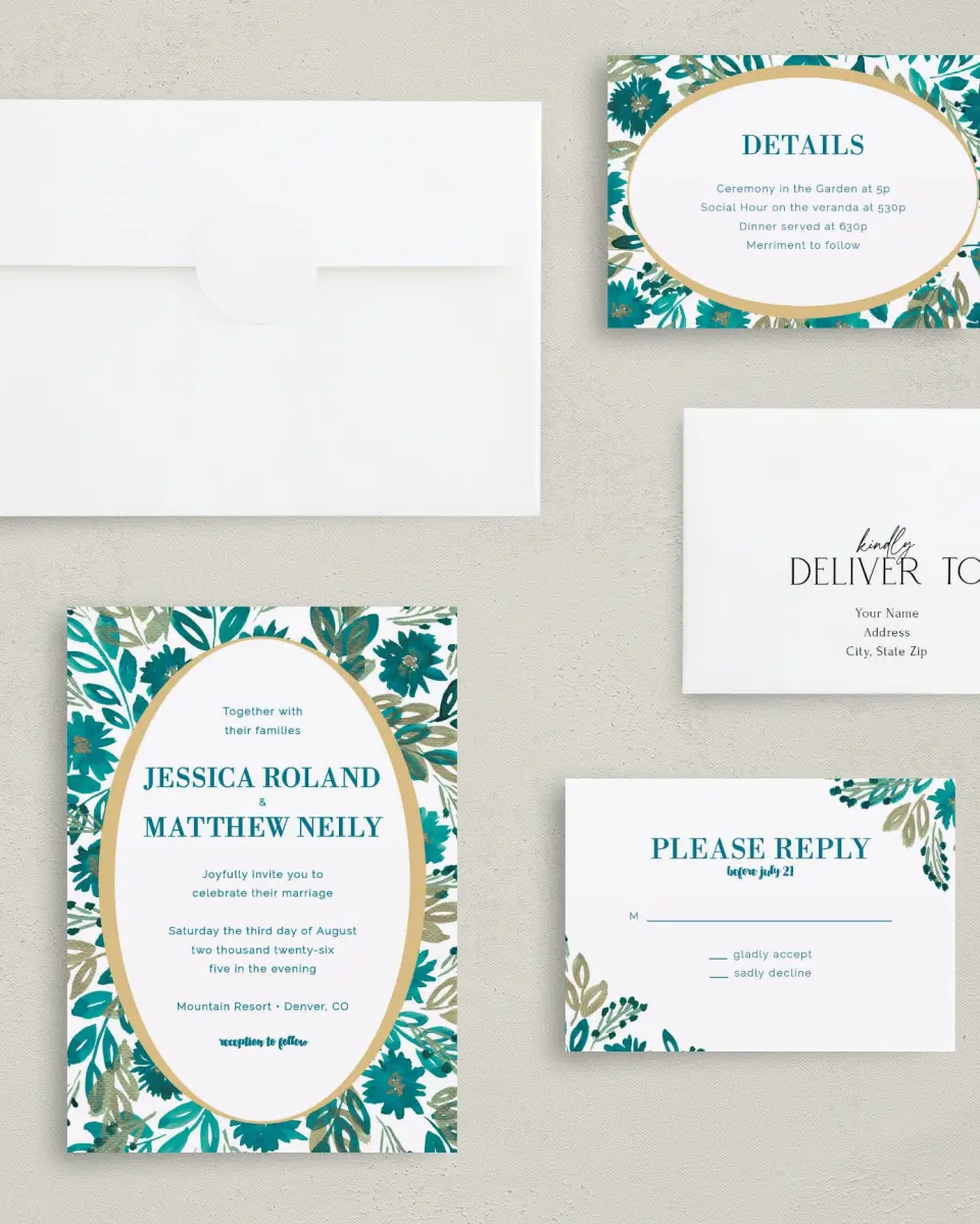 This is a 5" x 7" Classic Wedding Invitation called Boho Floral printed in full color with Gold foil on Luxe Satin (coated) paper