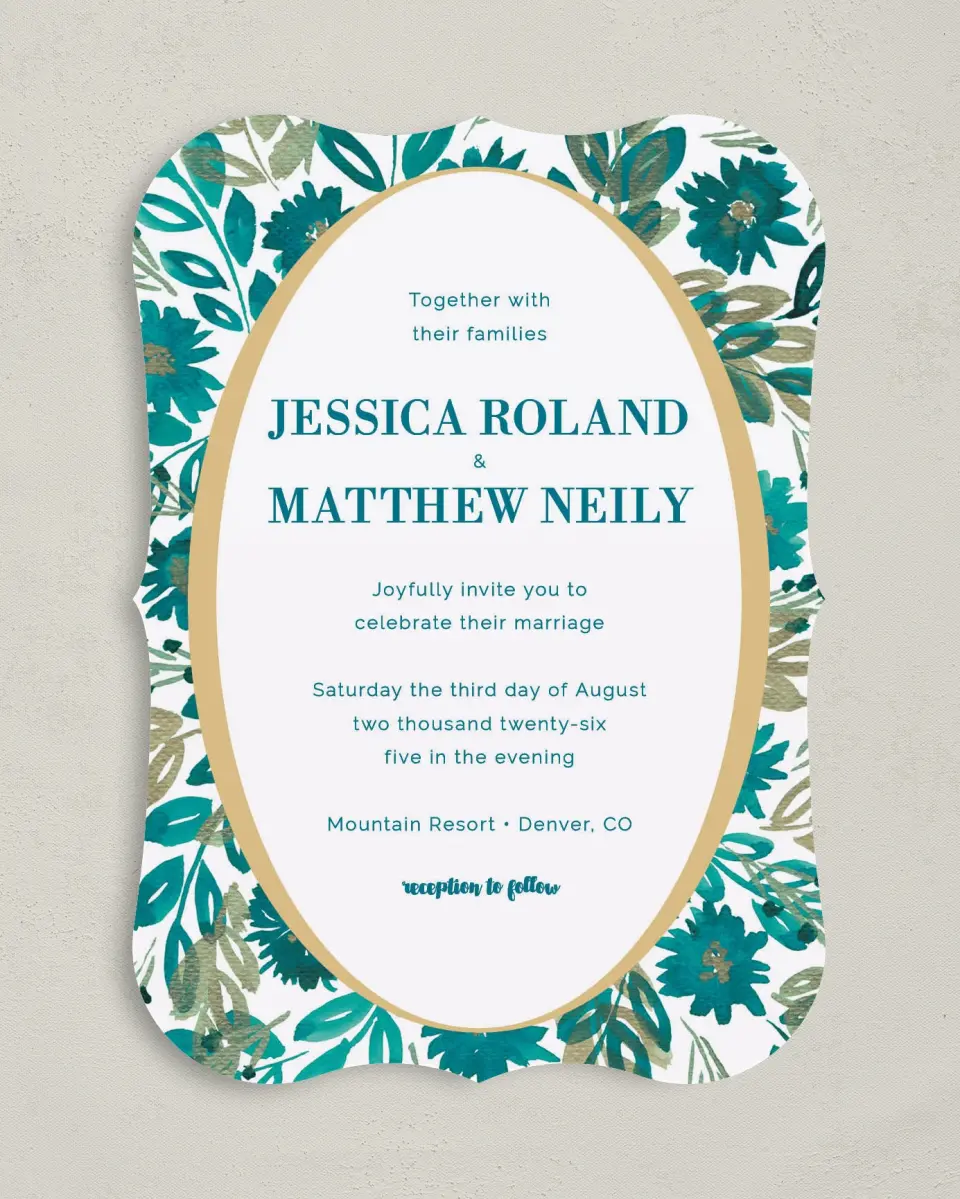 This is a 5" x 7" Bracket Wedding Invitation called Boho Floral printed in full color with Silver foil on Luxe Satin (coated) paper