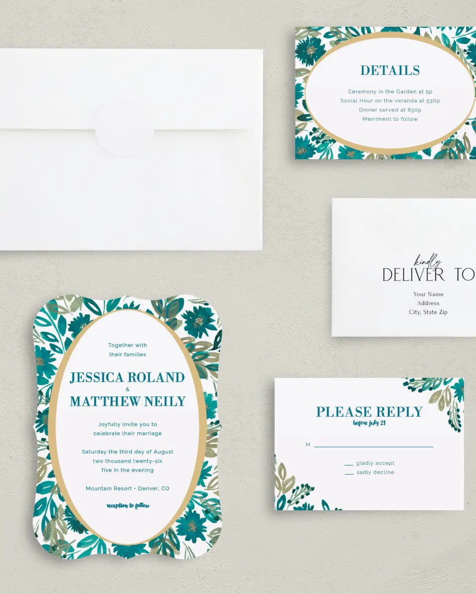 This is a 5" x 7" Bracket Wedding Invitation called Boho Floral printed in full color with Silver foil on Luxe Satin (coated) paper