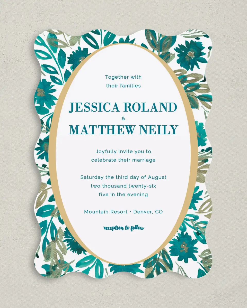 This is a 5" x 7" Wavy Wedding Invitation called Boho Floral printed in full color on Premium Smooth paper