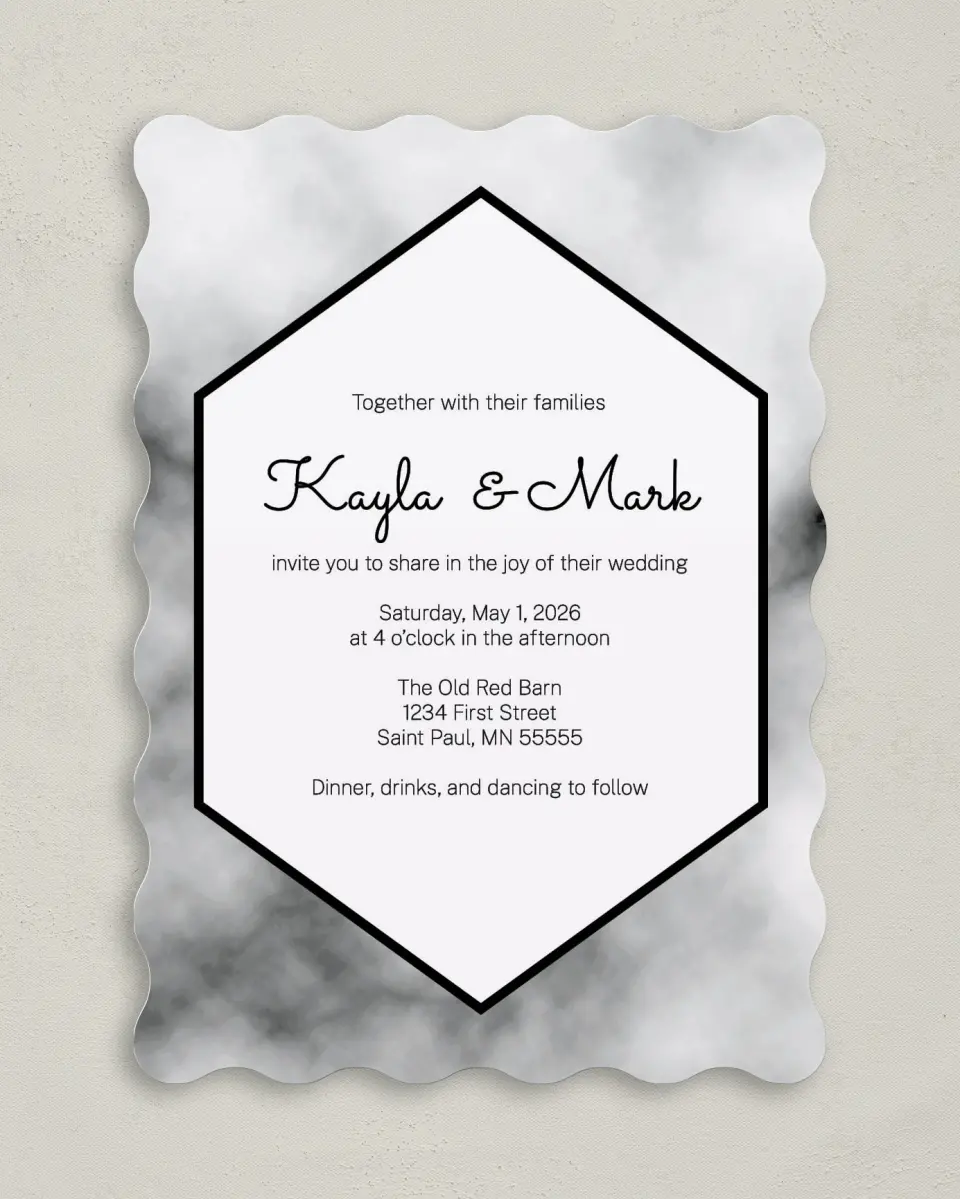 This is a 5" x 7" Wavy Wedding Invitation called Modern Marble printed in full color on Premium Smooth paper