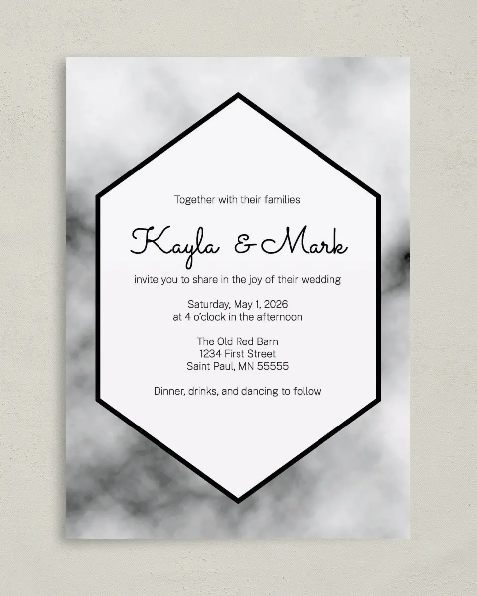 This is a 5" x 7" Classic Wedding Invitation called Modern Marble printed in full color on Premium Smooth paper