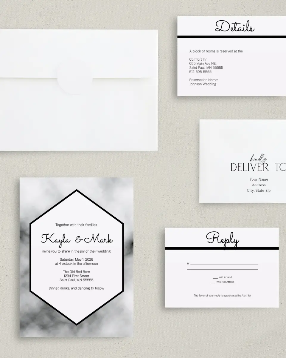 This is a 5" x 7" Classic Wedding Invitation called Modern Marble printed in full color with Gold foil on Luxe Satin (coated) paper