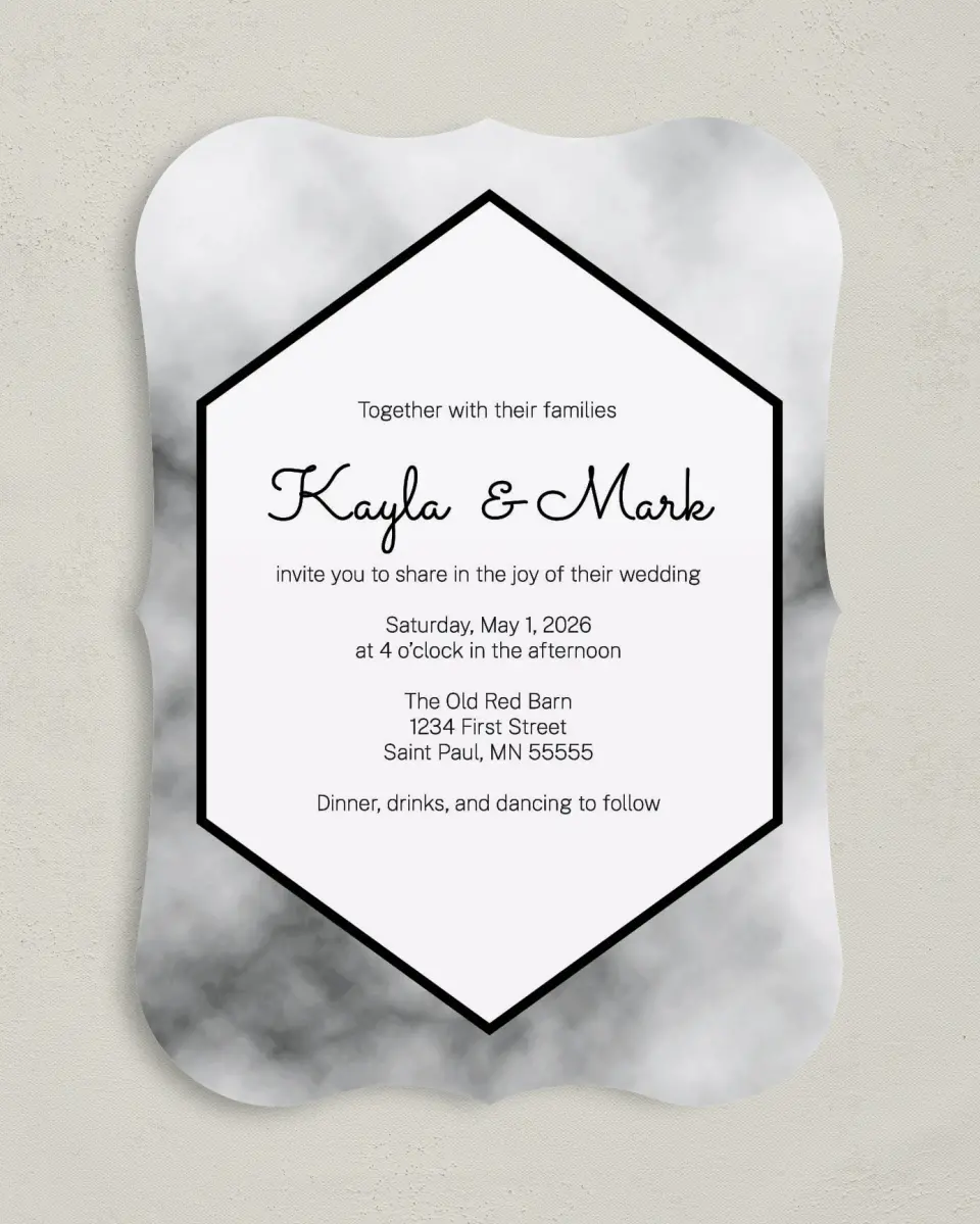 This is a 5" x 7" Bracket Wedding Invitation called Modern Marble printed in full color on Premium Smooth paper