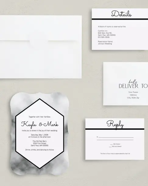 This is a 5" x 7" Bracket Wedding Invitation called Modern Marble printed in full color on Premium Smooth paper