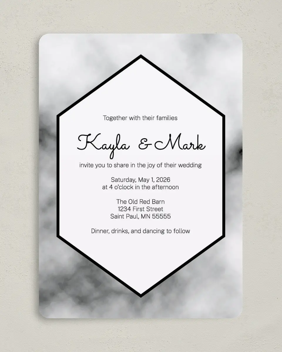This is a 5" x 7" Rounded Wedding Invitation called Modern Marble printed in full color on Premium Smooth paper