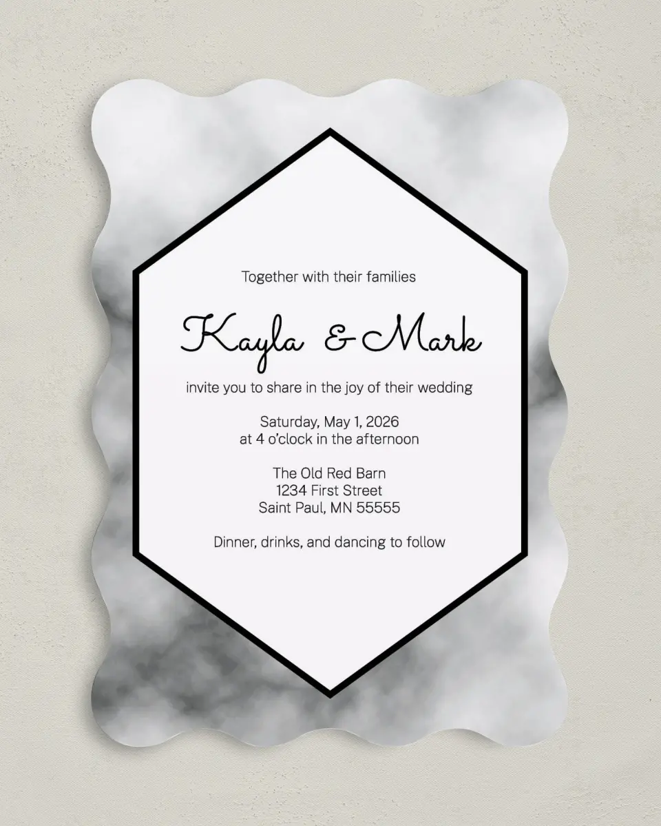 This is a 5" x 7" Wavy Wedding Invitation called Modern Marble printed in full color on Premium Smooth paper