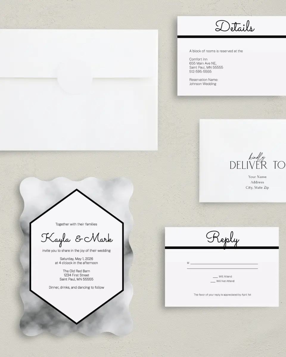 This is a 5" x 7" Wavy Wedding Invitation called Modern Marble printed in full color with Silver foil on Luxe Satin (coated) paper