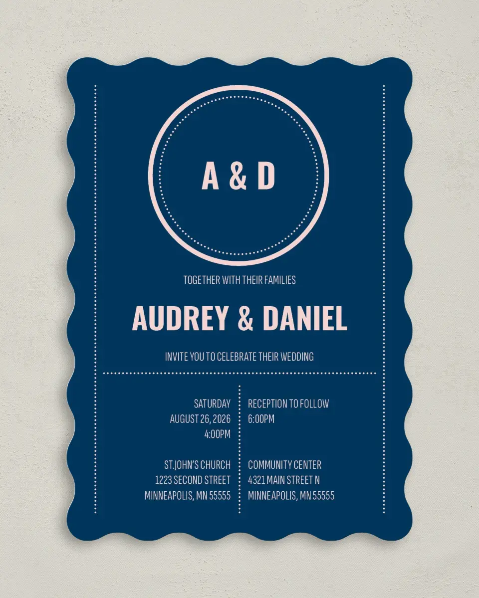 This is a 5" x 7" Wavy Wedding Invitation called Modernist Monogram printed in full color on Premium Smooth paper