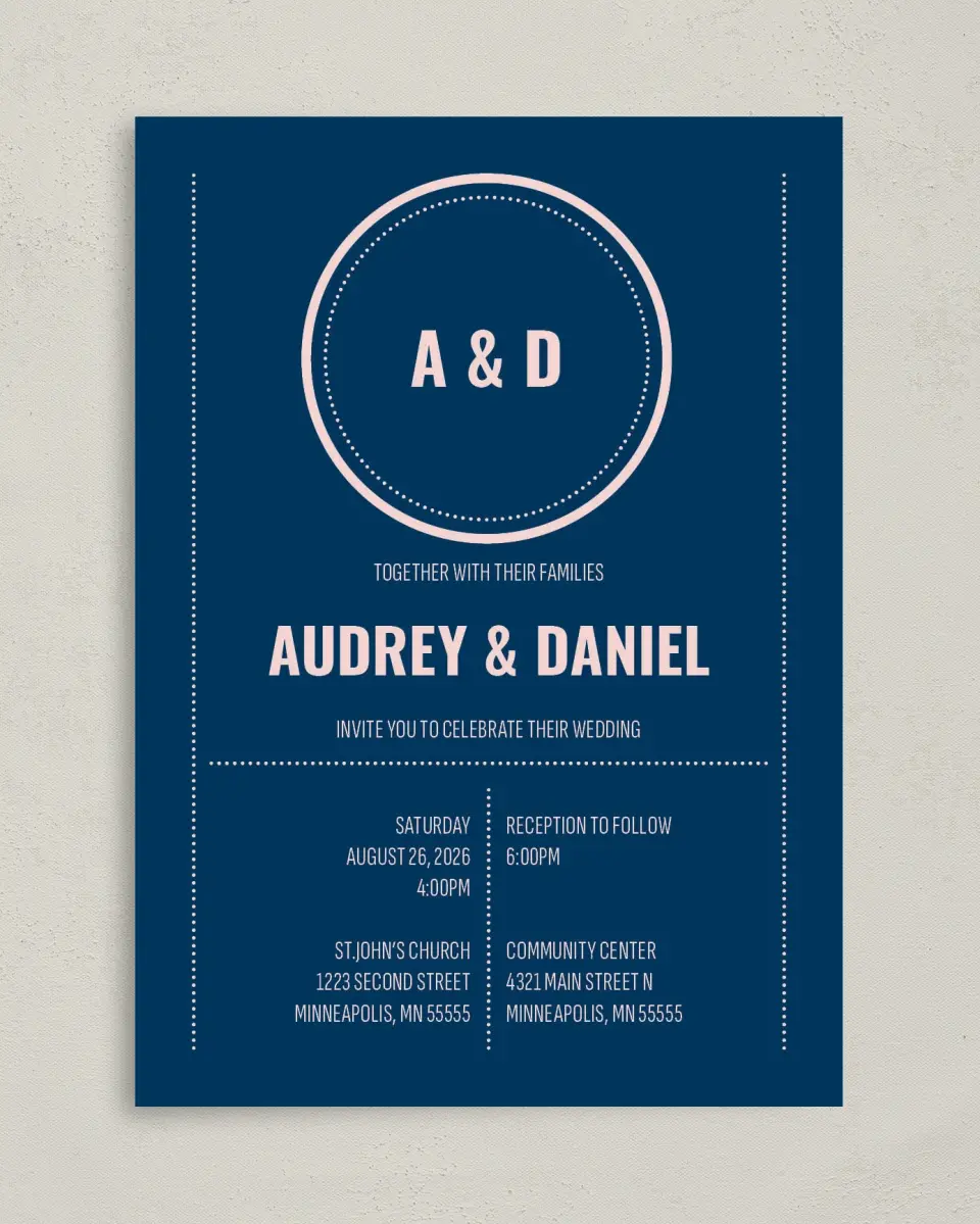 This is a 5" x 7" Classic Wedding Invitation called Modernist Monogram printed in full color on Premium Smooth paper