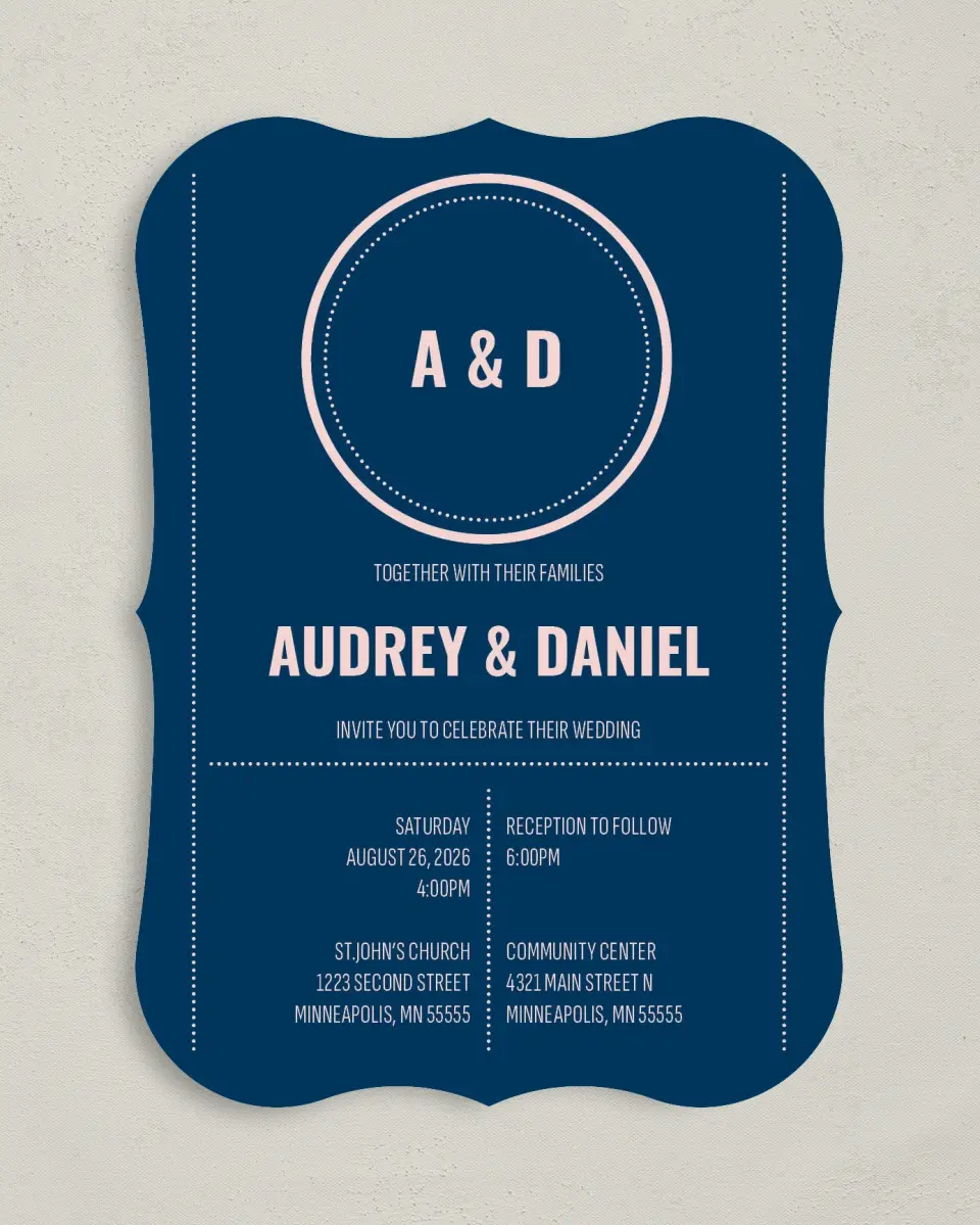 This is a 5" x 7" Bracket Wedding Invitation called Modernist Monogram printed in full color on Premium Smooth paper