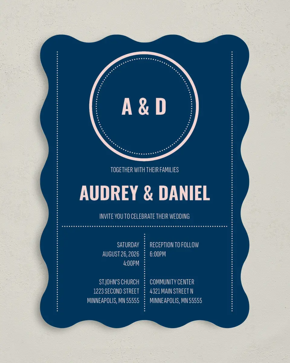 This is a 5" x 7" Wavy Wedding Invitation called Modernist Monogram printed in full color on Premium Smooth paper