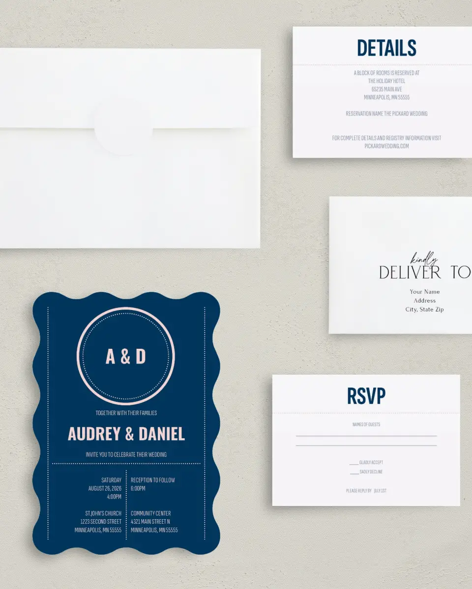 This is a 5" x 7" Wavy Wedding Invitation called Modernist Monogram printed in full color with Gold foil on Luxe Satin (coated) paper