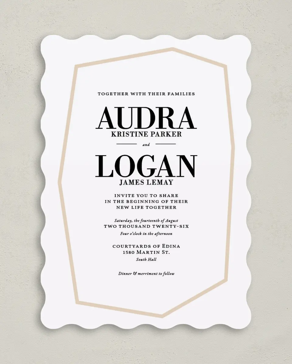 This is a 5" x 7" Wavy Wedding Invitation called Shining Facets printed in full color on Premium Smooth paper